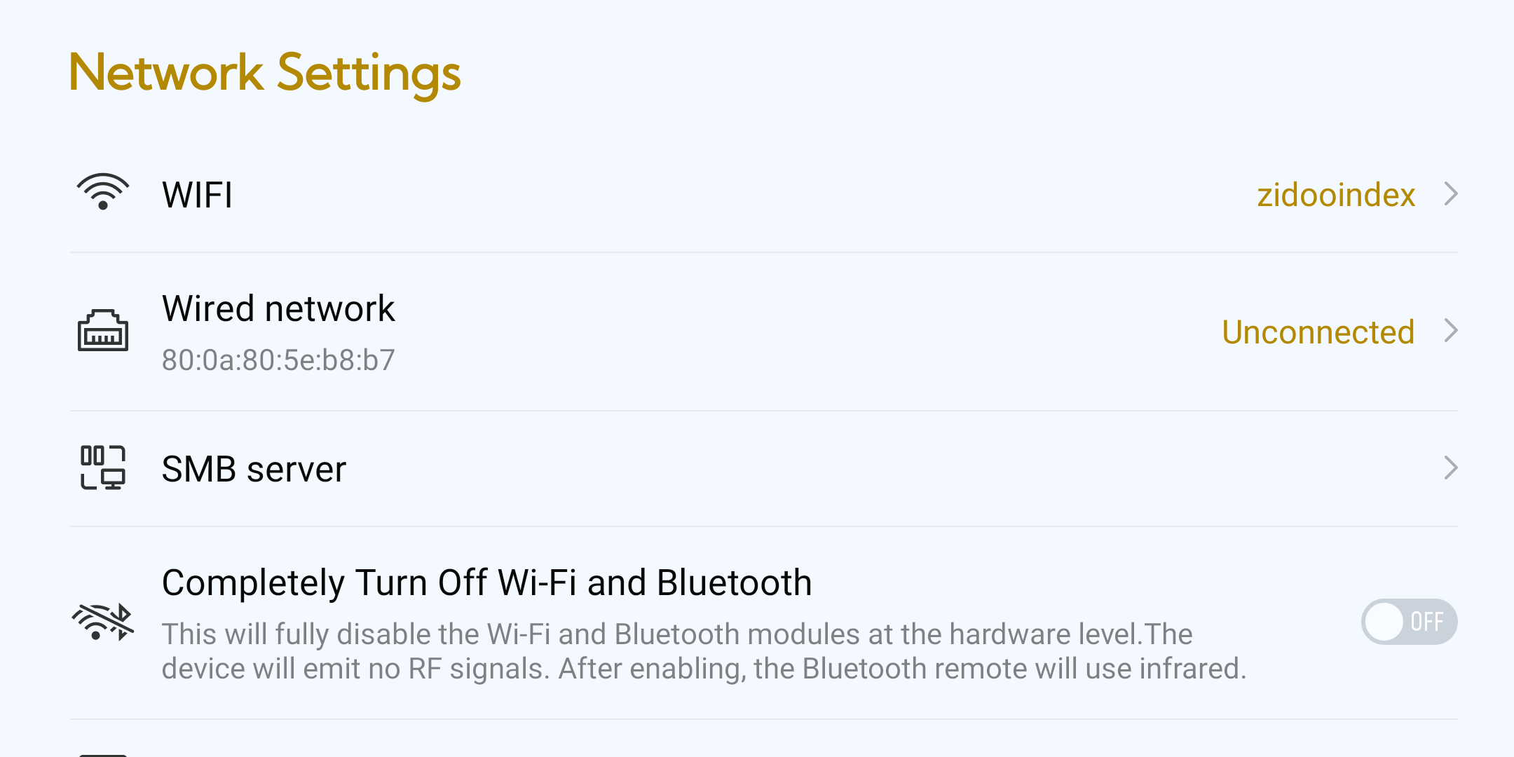 Network Settings 화면